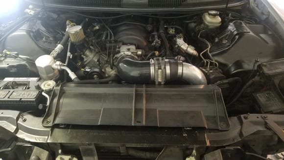 Nothing to see here. All piping from the turbo to the TV is done. Front bumper trimmed to fit the intercooler and front bumper is back on. Have to find some bolts for the Wastegate pipe to bumper exit and then all piping is completely finished. That leaves the oiling system, exhaust wrap, and fuel stuff.