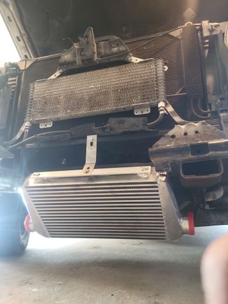 Weird place for the intercooler but its on, the only issue ive come across so far is bolts missing from the kit. Luckily i have plenty bolts laying around