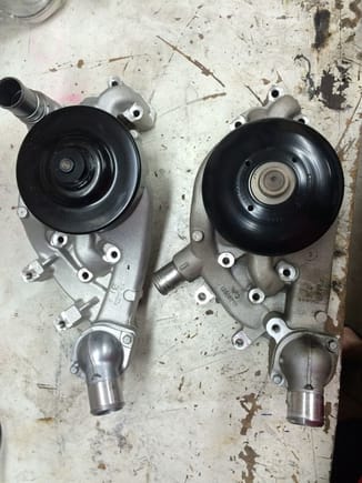 L99 (left) vs. L92 water pump. Note that the thermostat housing is angled slightly differently between the two.