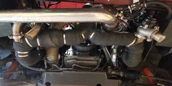 Complete, assembled, dual wastegate crossover installed
