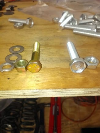 Bought grade 8 bolts (left) to replace the weak bolts(right) supplied with the Speed engineering 3" dual exhaust.