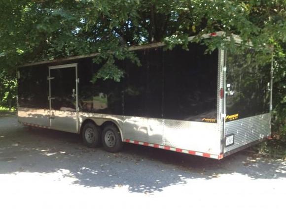 28' V nose = 30'  has 5200lb Dexter made in USA axels..5' swinging doors on booth sides..Inside lights with 10 floor tiedowns..9.000 lb.electric winch with 92" long cable. xtra roof trim led marker lights. orig. owner custom made for me 2011..Has app. 1,800 miles with all new electric brake in 4x4  2500 Suburban.