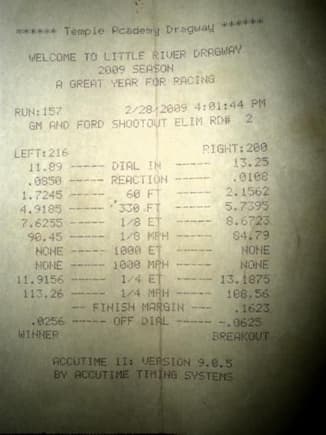 Broke out of my 13.25 dial-in against a 2nd Gen Trans Am and ran my best time of 13.18@108 MPH