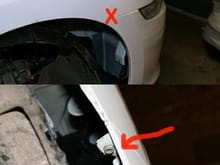The hidden bolt holding on the bumper facia.  You can get access without removing the fender protector completely.  Then pull the facia out away from the body to release the slip in clips.