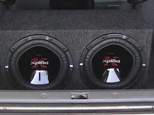 Just a couple of 12" sony explodes. 1200 watts each. With a 1,000 watt kenwood amp behind them.