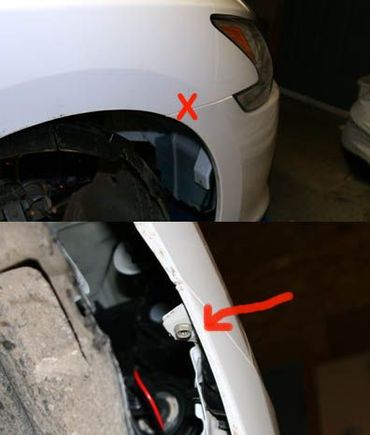 The hidden bolt holding on the bumper facia.  You can get access without removing the fender protector completely.  Then pull the facia out away from the body to release the slip in clips.