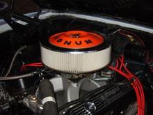 360 LA, with 360J heads ported polished by D.S.E.
 M1 intake, 750 Nascar double pumper, MSD 6AL, Ceramic headers, Solid lift cam with crane 1.6 aluminum roller rockers.  9.5 speed-pro pistons. Eagle I beam rods.
 727 with 4200 converter and 4.30 gears.