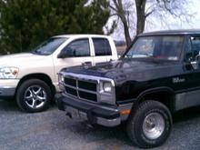 The 2008 Ram when I first got it next to my 92 Ramcharger