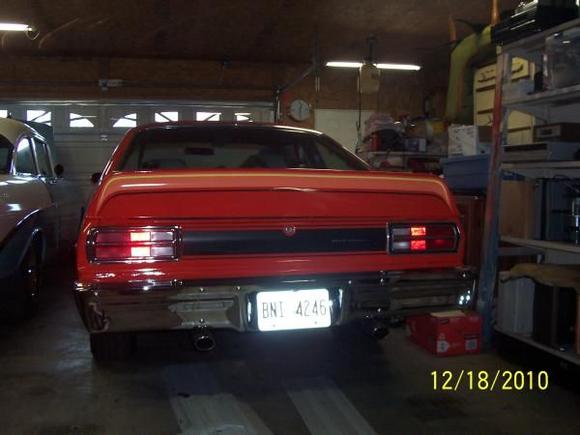 Bumpers on and notice the dual exhaust. Spicers worked a miracle and made the dual exhaust look good. Since the Volare was built with obstacles on the drivers side Chris at Spicer worked around the obstacles and made the duals look really good. And it sounds really good too.