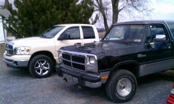 The 2008 Ram when I first got it next to my 92 Ramcharger