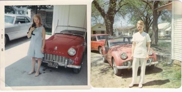 My mom and the Triumph TR3; I can't recall what the silver car there was.