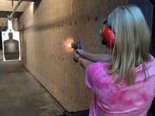 Becky trying out my Colt Defender .45