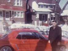 My dad and his 64 1/2 coupe. 289, 4V, automatic with air conditioning. This picture was taken in January 1966 in front of his house in Toronto, Ontario. He kept the car until 1979, when he traded it for a new Camaro Berlinetta. I think he should have kept the Mustang...