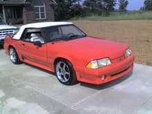 1993 Mustang GT Convertible, Vibrant Red, White Leather Interior, 17x9 Cobra R's, Eibach Pro Kit, Cold Air Intake, Equal Length Ceramic Headers, Off Road X Pipe no Cats, Flowmasters, Welded Sub Frame Connectors, Motorsports Short Throw Shifter, Underdrive Pulleys, Cam
