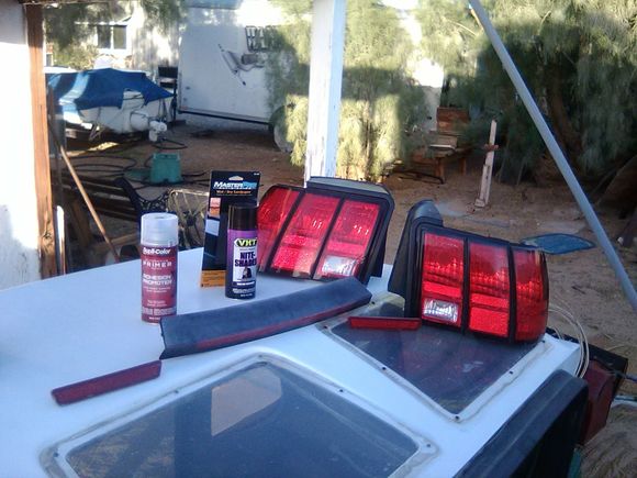 Products used to smoke tail lights. Clear coat not shown. Notice how bad third break light is. Before I started the process