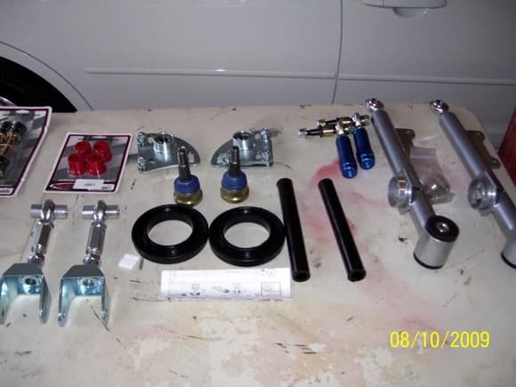 UPR adjustable UCA's and LCA's, poly isos, Steeda bumpsteer kit, UPR caster camber plates, Poly offset steering rack bushings, Steeda X2 ball joints, shorter endlinks with poly bushings.
