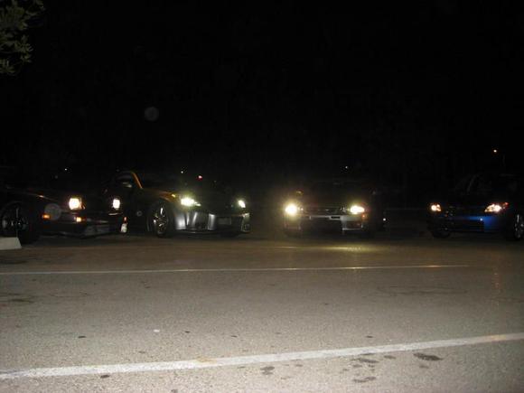 (left to right), yea, its dark but craxy fast 240 sx, my 350z, the r33 skyline, subie wrx