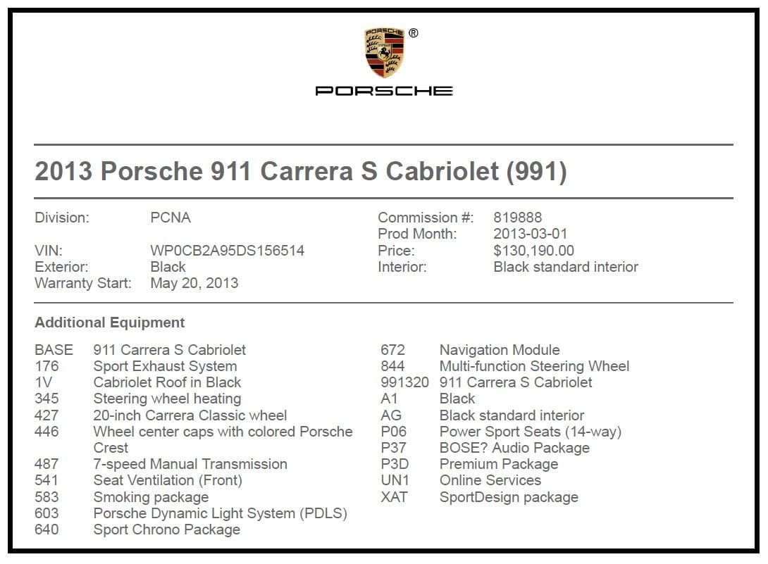 2013 Porsche 911 - 2013 CPO 991.1 C2S Cab, 130k+ New, Sport Design, 7MT, PSE, PASM, Triple Black, 35K - Used - VIN WP0CB2A95DS156514 - 35,000 Miles - 6 cyl - 2WD - Manual - Convertible - Black - Manalapan, NJ 07726, United States
