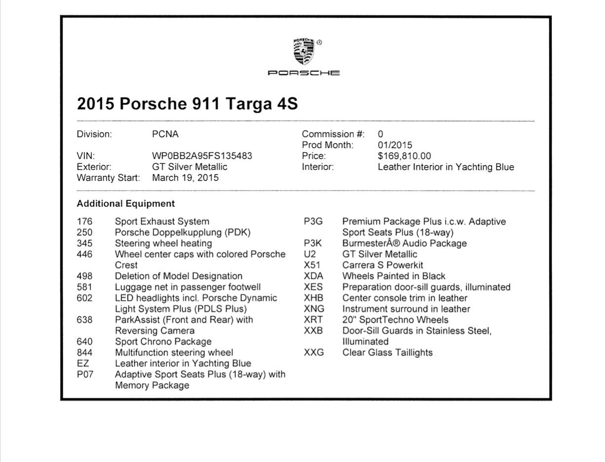 2015 Porsche 911 - 2015 Porsche 911 Targa 4s $170k build - Used - VIN WP0BB2A95FS135483 - 40,300 Miles - 6 cyl - 4WD - Automatic - Coupe - Silver - New York, NY 10013, United States