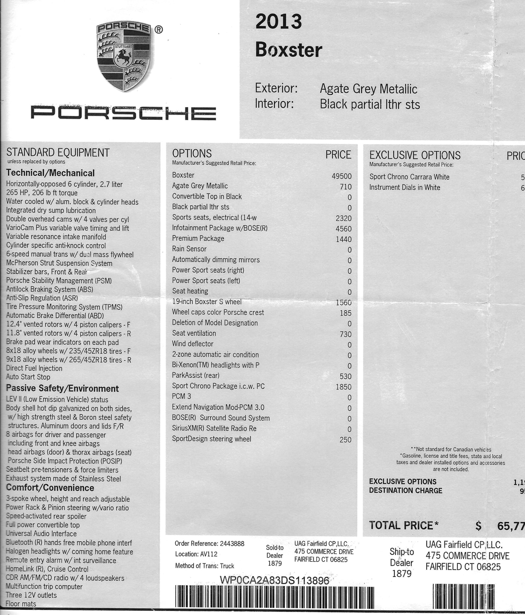 2013 Porsche Boxster - 2013 Porsche Boxster (6-speed manual, Sport Chrono, PSE, 14-way seats, Premium Pkg) - Used - VIN WPOCA2A83DS113896 - 61,500 Miles - 6 cyl - 2WD - Manual - Convertible - Gray - Quaker Hill Ct, CT 06375, United States