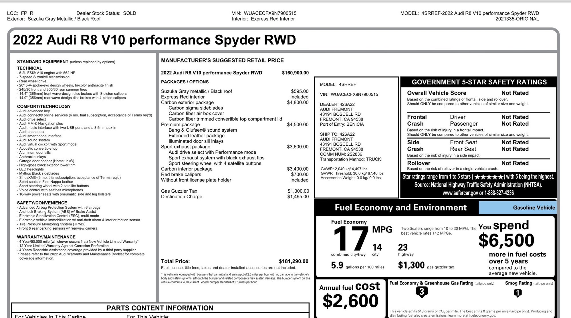 2022 Audi R8 - 2022 Audi R8 Performance RWD convertible - Used - VIN WUACECFX9N7900515 - 4,500 Miles - 10 cyl - 2WD - Automatic - Convertible - Gray - Sparta, NJ 07871, United States