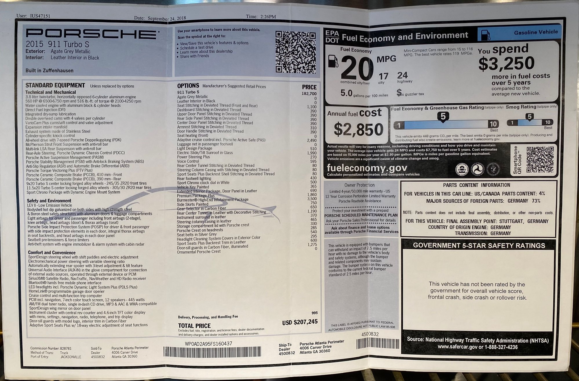 2015 Porsche 911 - FOR SALE: Spectacular CPO+1 991 Porsche Turbo S - Used - VIN WP0AD2A95FS160437 - 20,544 Miles - 6 cyl - AWD - Automatic - Coupe - Gray - Conroe, TX 77304, United States