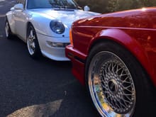 With her brother from another mother. 89 635csi with BBS RS slant rims. She's going into the Portland Auto Show this week for her first pageant. 


