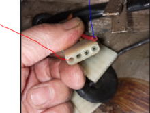 What is the red wire(blue arrow)? 
What about the 4th female connector (red arrow) - i assume there should be no fourth female connector lining?