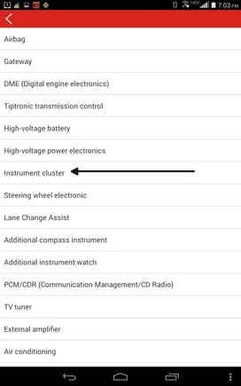 Main diagnostics menu - select "Instrument Cluster"