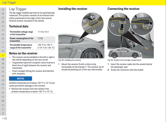 Lap Trigger page from Owner's Manual