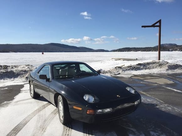 Schroon Lake, ice-fishing shacks in view. Don't those new motor mounts look marvelous? An "ice out" contest is in progress, which is about the same time we get our Porsches out in the spring.