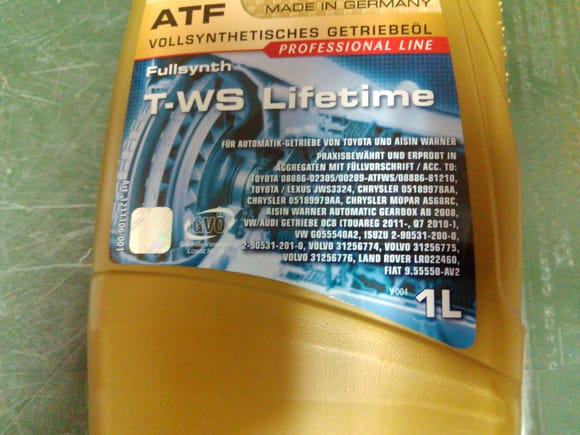 Here is the label from the Ravenol T-WS ATF fluid for 8 speed Aisin transmissions