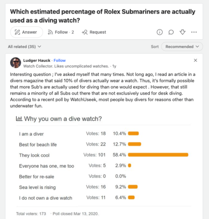 Source: 
https://www.quora.com/Which-estimated-percentage-of-Rolex-Submariners-are-actually-used-as-a-diving-watch