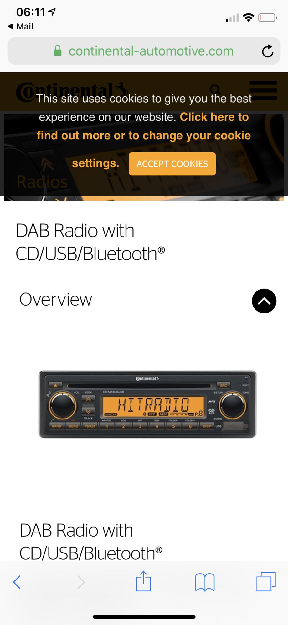Continental 12V Radio RDS USB MP3 WMA Bluetooth Orange