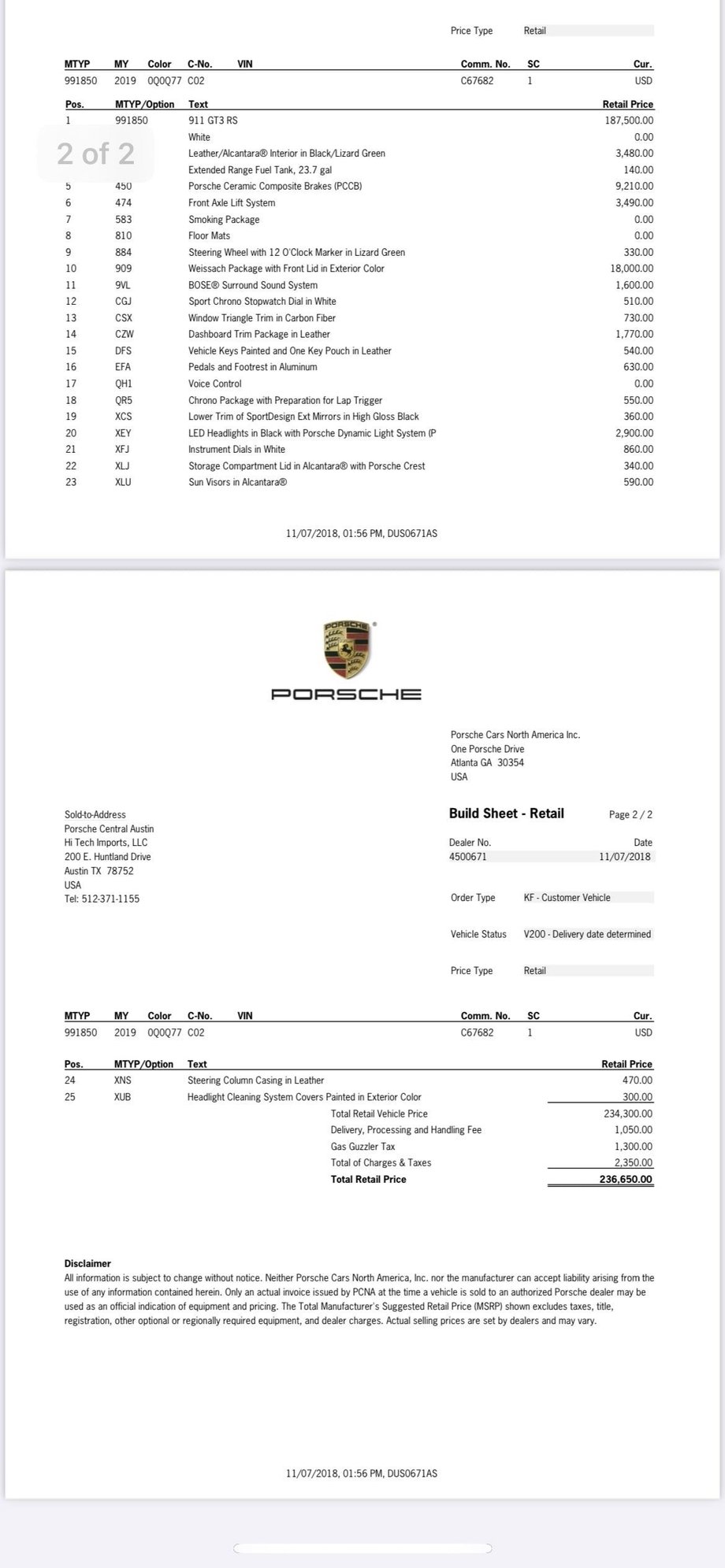 2019 Porsche GT3 - 2019 GT3 RS Weissach, one-owner, 4800 miles, never tracked, full PPF - Used - VIN WP0AF2A97KS165398 - 4,800 Miles - 6 cyl - 2WD - Automatic - Coupe - White - Austin, TX 78701, United States