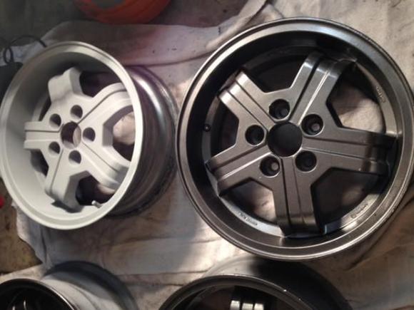 Wheels - one in primer and the other with wheel paint.  I wanted something between silver and black.  Wheel paint purchased at Autozone.
