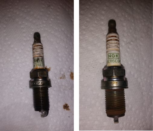 Spark plugs 1 and 2 respectively. Same with the oil on #1, you can even see that the paper towel I placed it on absorbed any of the excess oil it could. None on the right.