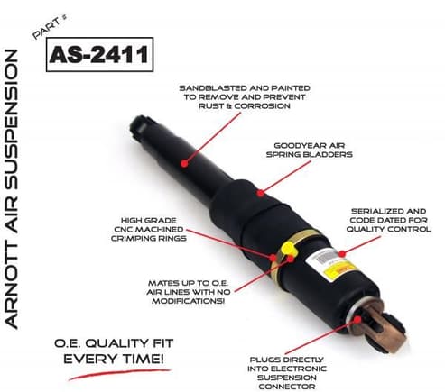 AS 2411 Remanufactured O.E.M. Electronic Rear Air Shocks (sold in pairs)

Arnott is pleased to offer our completely rebuilt, OE rear air shocks for the 2002-2006 Cadillac Escalade. Our shocks feature new rubber air spring bladders manufactured exclusively by Goodyear. Once again, our design is not only more efficient, but its also much more affordable! These shocks plug in directly to your trucks electronic dampening system. These are not passive replacements. These will continue to use the factory dampening. Each shock is covered under our unlimited mileage lifetime warranty.