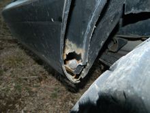 Here is my biggest rust spot on the rear quarter panel. Thought about trying to weld on a piece of sheet metal and Line-X the bottom of the body all the way around. If I buy a new panel, I'll have to paint.
