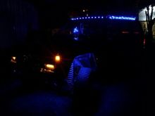 Xj decorations - front at night with the Christmas lights on.