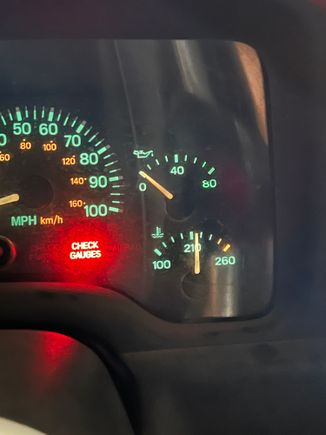 Reading just above operating temp. My oil pressure is reading zero because I pulled the sensor; hooked to a mechanical gauge temporarily. 