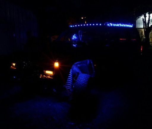 Xj decorations - front at night with the Christmas lights on.