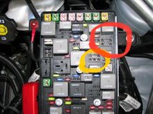 See in the red circle, I’ve marked a 4 pin receptivity for a 4 pin relay. That’s what’s under the hi beam relay , I’ve also marked in red in the photo below. 
The yellow circle is drawn around a 5 pin receptivity, I don’t know what that’s there for