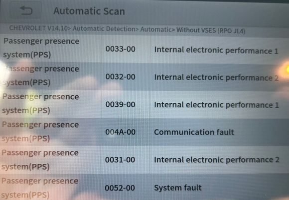 Just ran a scan on my 2011 LT and ended up with six error codes. They seem to be related to the passenger presence detection.   Does anyone know what the typical fix is?  Thanks. 

Fierojo