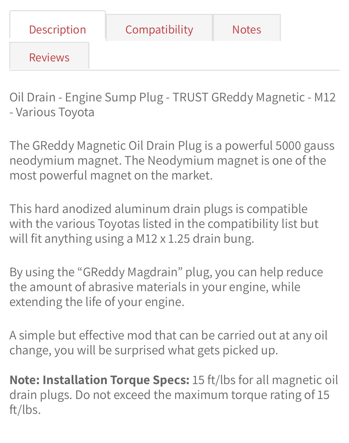 Oil Drain - Engine Sump Plug - TRUST GReddy Magnetic - M12