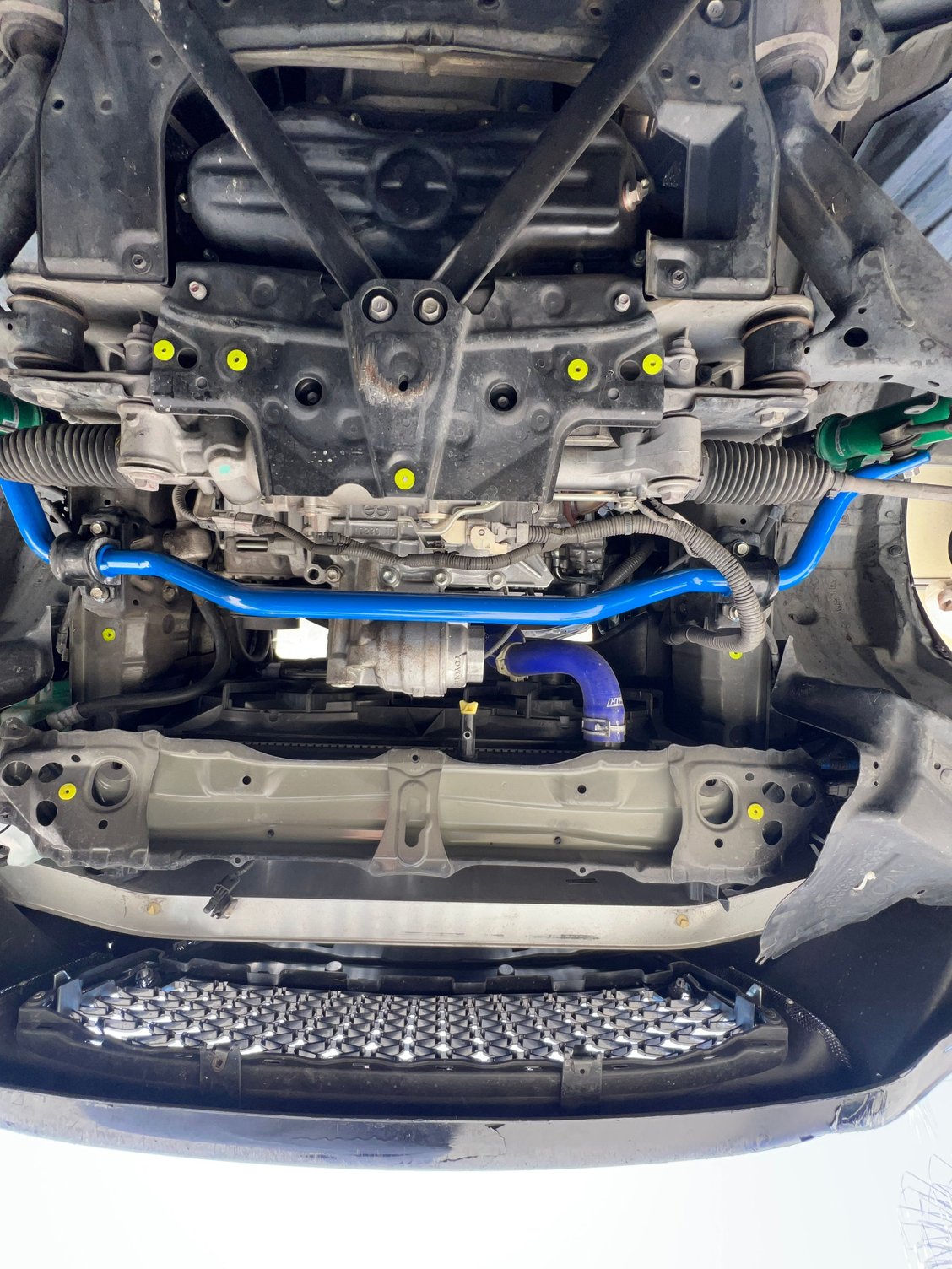 You will want to install the sway bar bushing brackets first but not fully tighten down. Next bolt in the end links. Finally bolt down the bushing brackets and torque everything to spec 