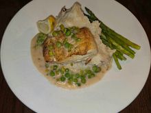 Chilean Sea Bass, with mash potatoes & asparagus