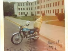 My first motorcycle. 1969 350cc Suzuki.  In the Army riding 1400 miles home, then on to Vietnam.