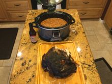 Pork shoulder and beans (brown sugar, honey, Louisiana hot sauce and creole seasoning