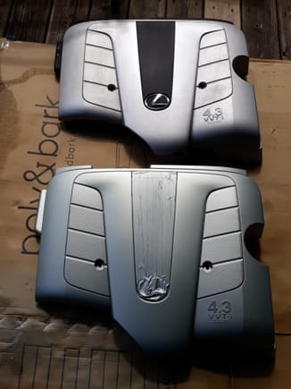 LS430 Engine Covers. Top cover is stock OEM silver fi ish  and bottom cover is Jade Pearl Silver. (Fewer coats to paint over silver than black)
Center section is still masked before final base color coat and then clear coat. Have not decided whether to unmask and  clear coat center (black) section.